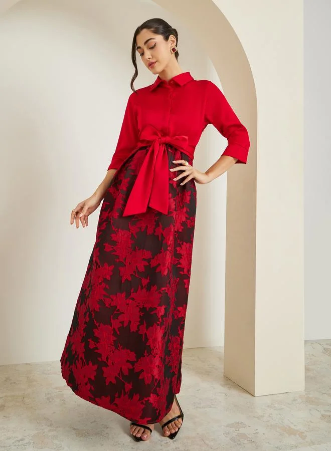 Styli Women Red Floral Tie-Up A-Line Maxi Dress